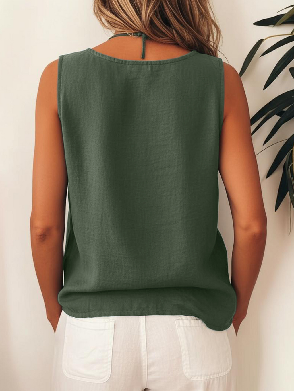 Plain Viscose Round Neck Sleeveless Button Summer Casual Boho Top