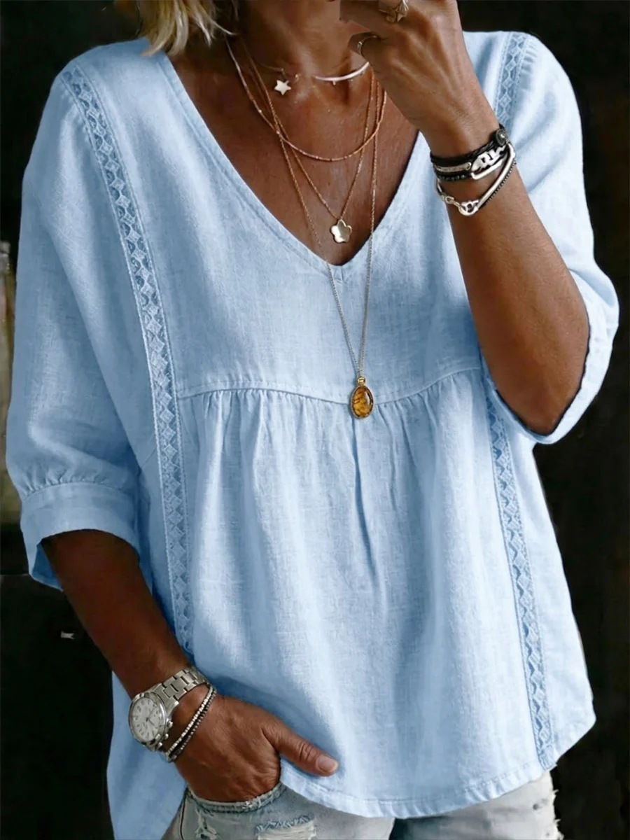 Plain Lace Trim The Quarter Sleeve V Neck Casual Blouse