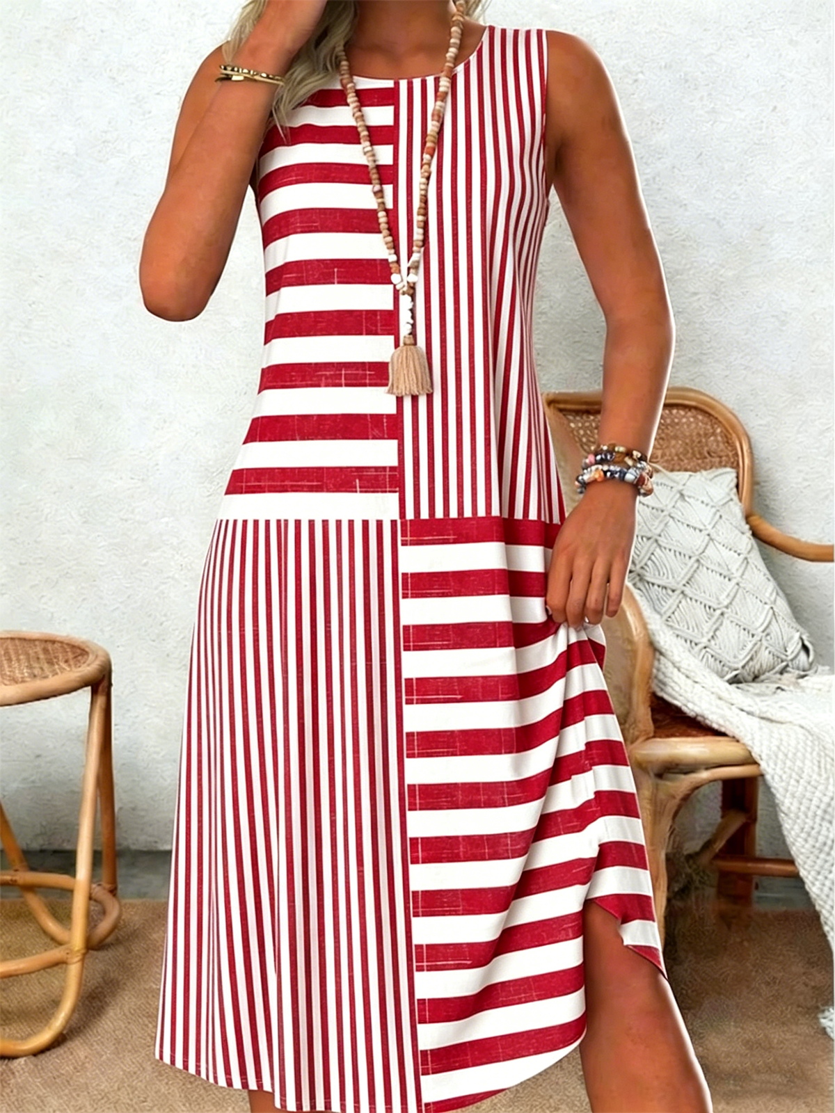 Women's Crew Neck Striped Sleeveless Midi Dress Casual Loose Cotton Tank Dress