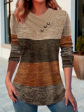 Women's Long Sleeve T-shirt Spring/Fall Brown Multicolor Block Printing Cross Neck Daily Going Out Casual Top