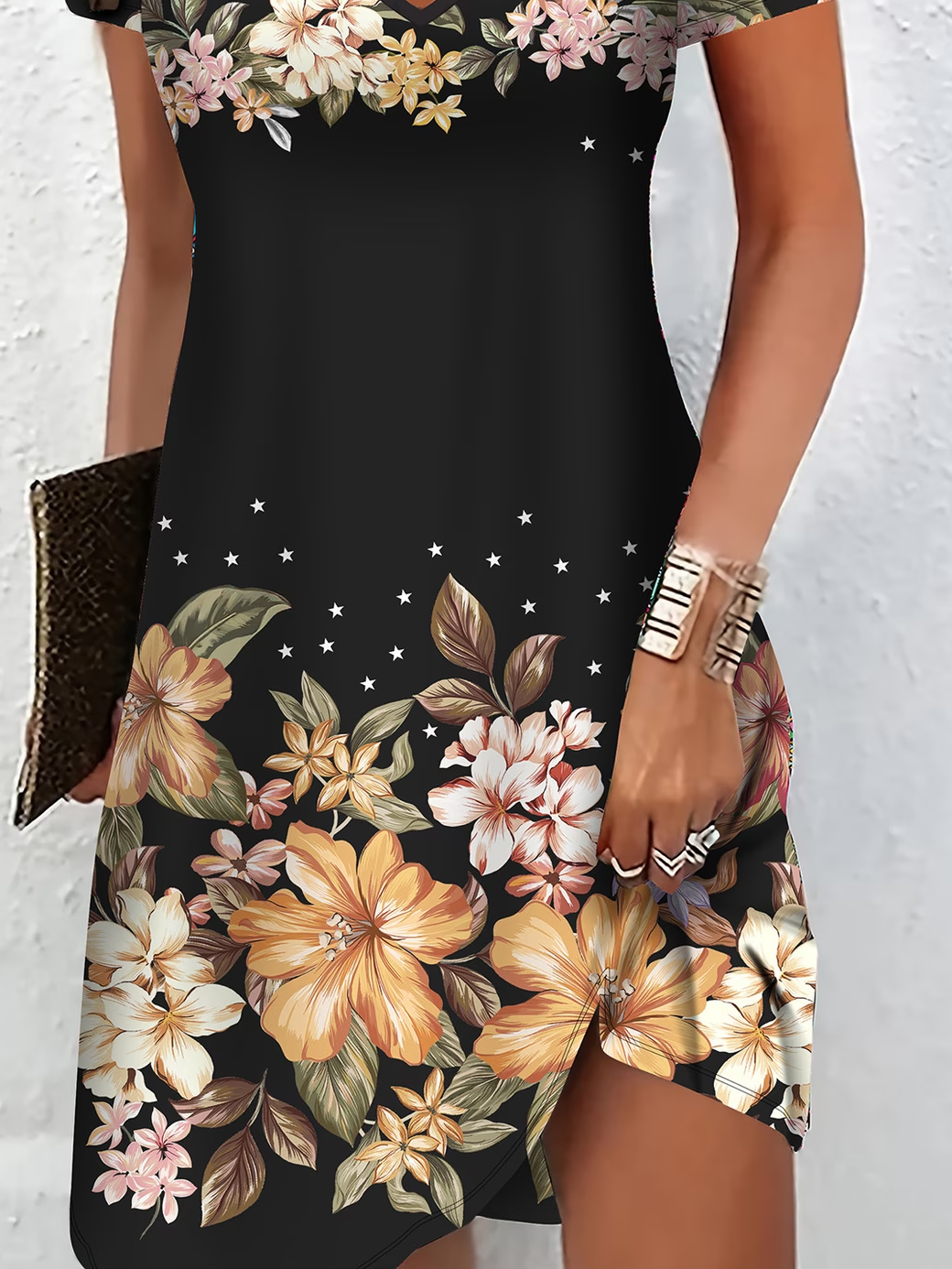 Women's Short Sleeve Summer Black Floral Printing V Neck Daily Going Out Casual Midi A-Line Classic Dress