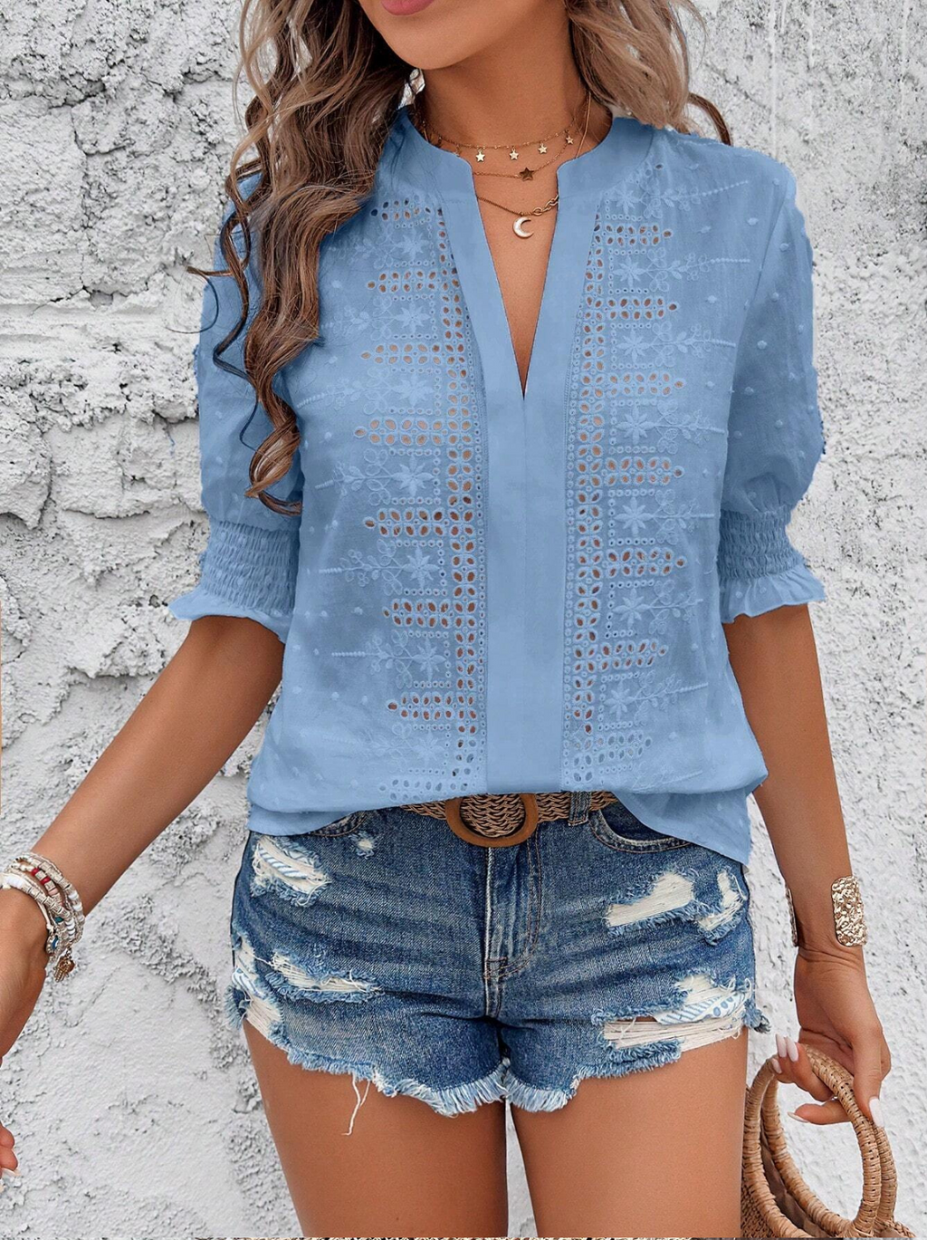 Embroidery Patterns V Neck Puff Short Sleeve Casual Blouse