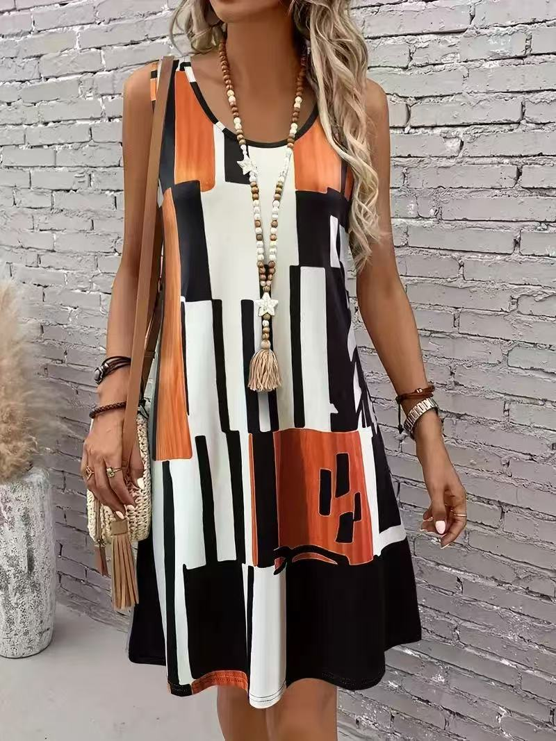 Abstract Print Crew Neck Sleeveless Going Out Casual Dress