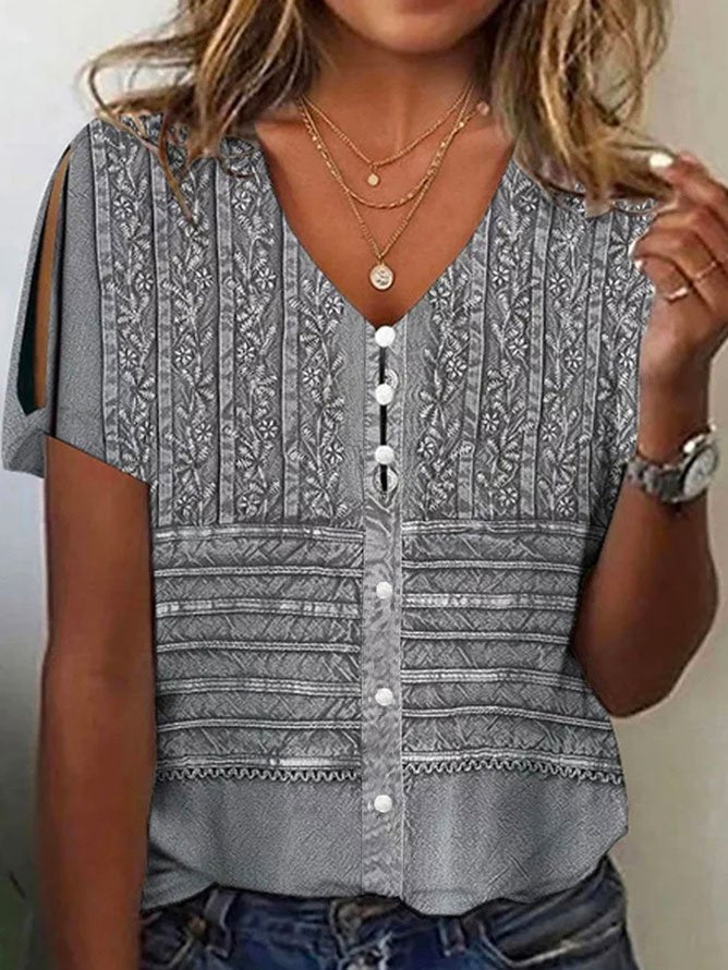Floral Buttoned V Neck Casual Shirt