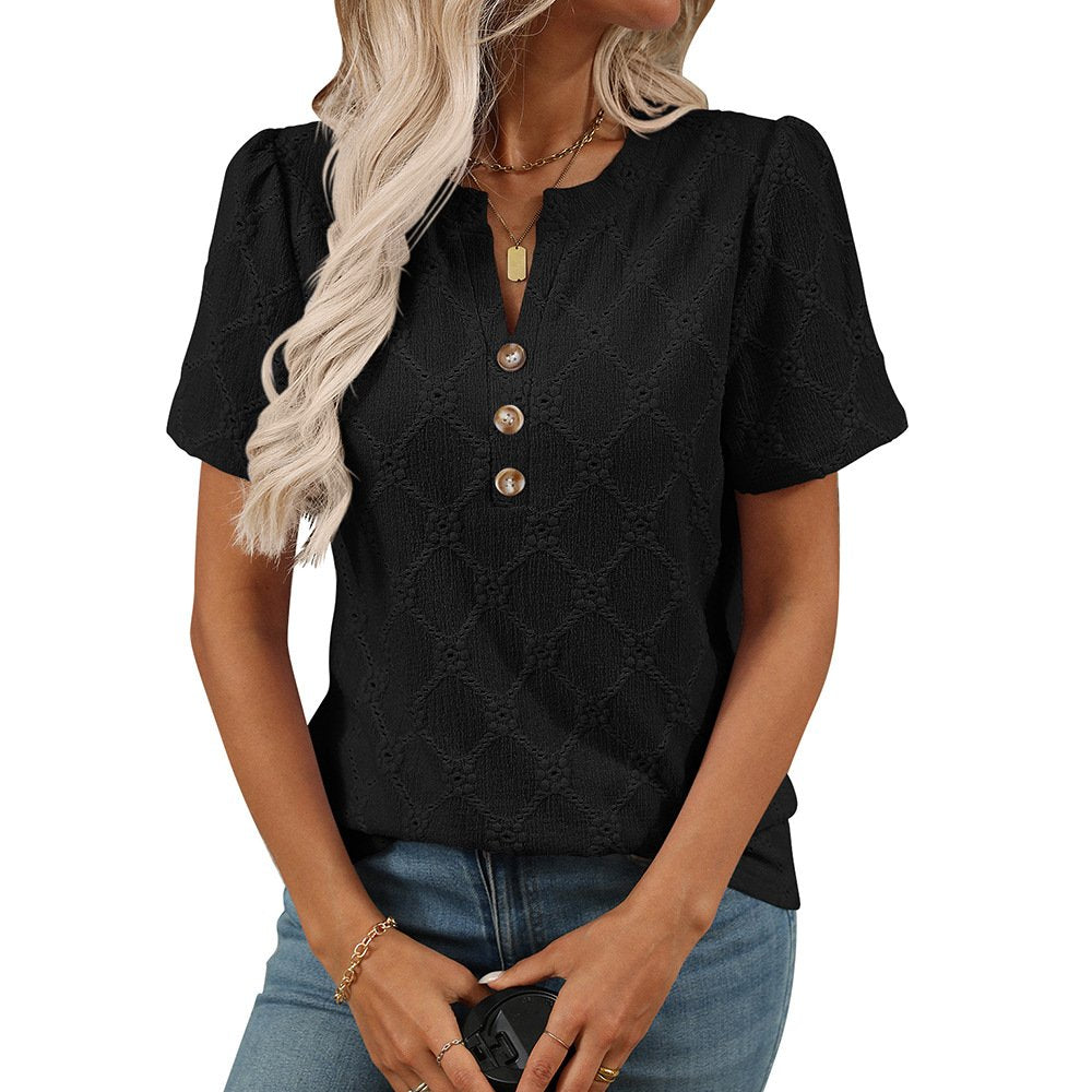 Women's short-sleeved T-shirt summer light purple pure cotton V-neck hollow daily out casual top