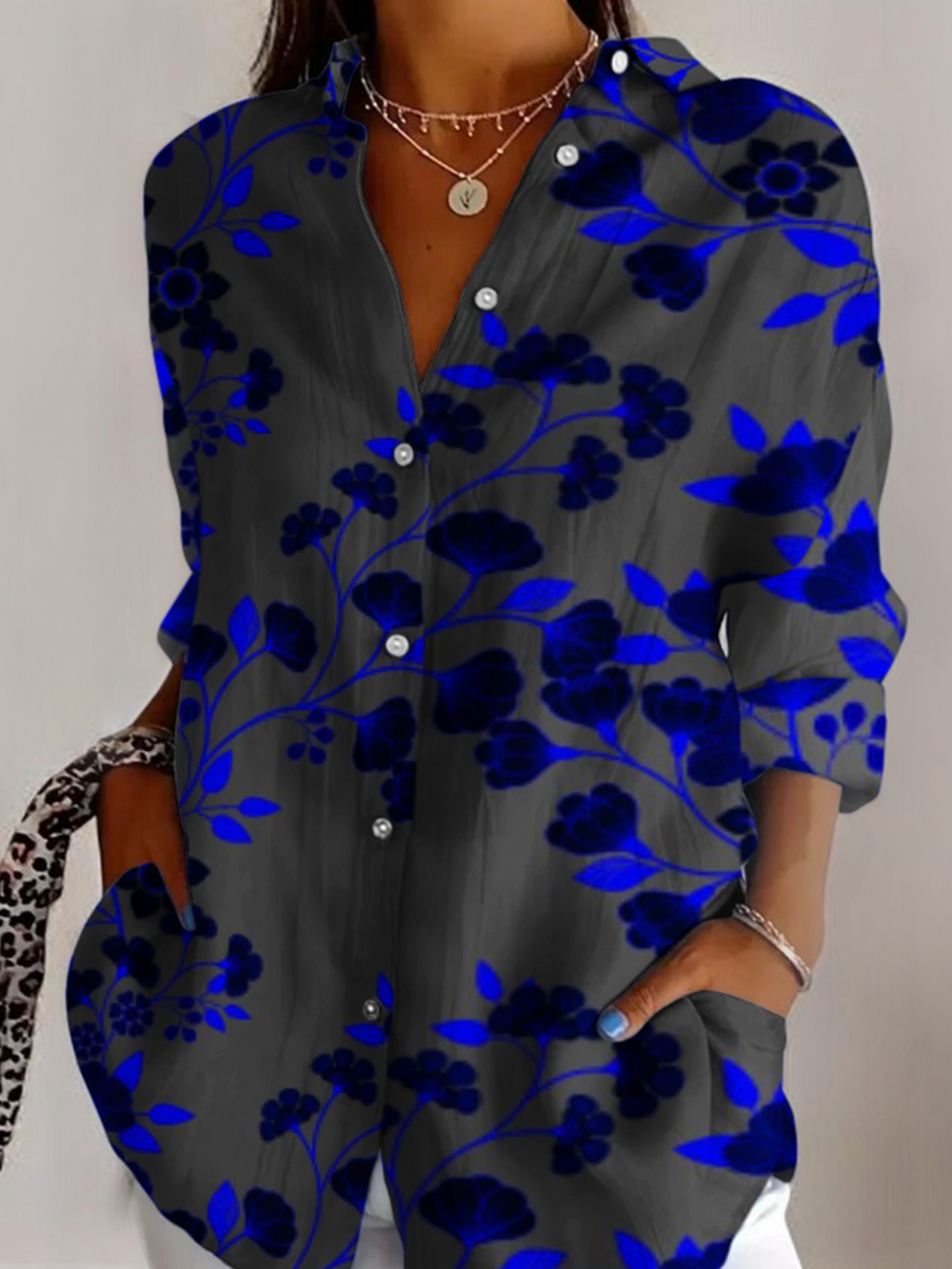 V Neck Botanical Pattern Casual Shirt