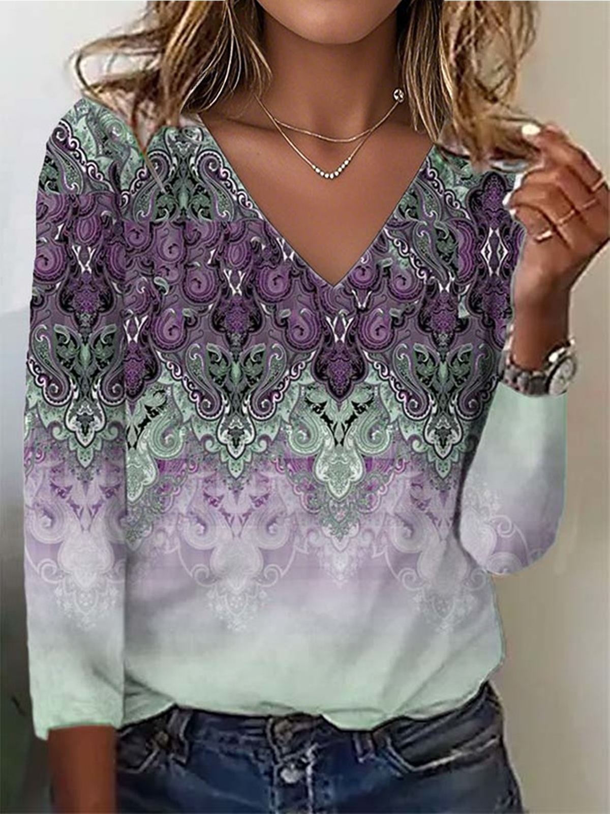 Print Casual V Neck Long Sleeve T-Shirt