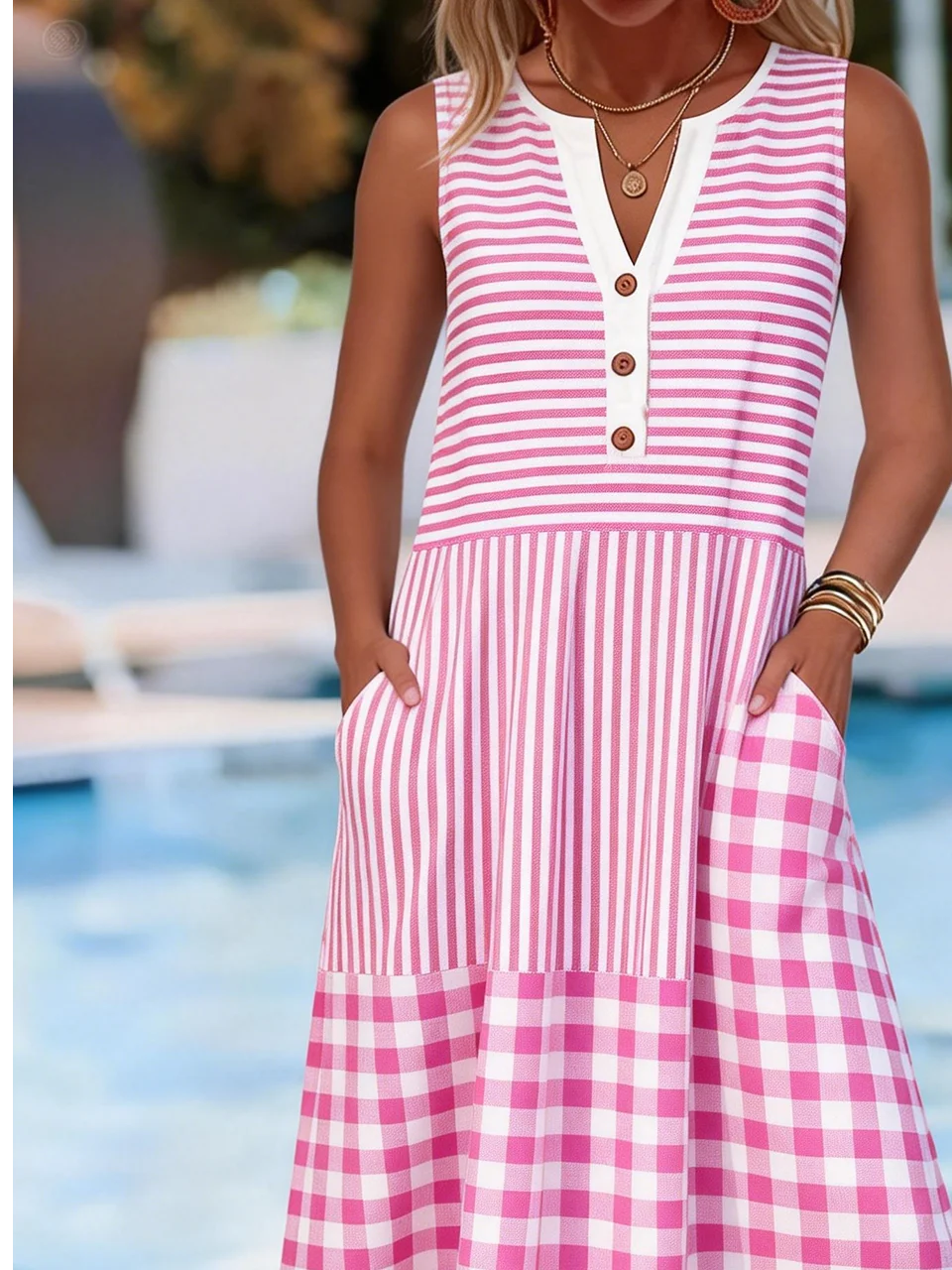 Notched Plaid Casual Dress With No