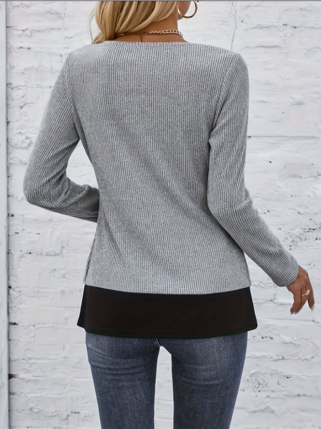 Color Block Casual Loose Crew Neck Blouse