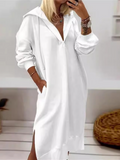White Long Sleeve V Neck Midi Dress Casual Loose Split Hem Dress