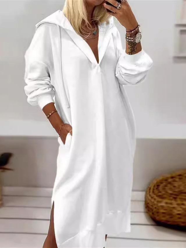 White Long Sleeve V Neck Midi Dress Casual Loose Split Hem Dress