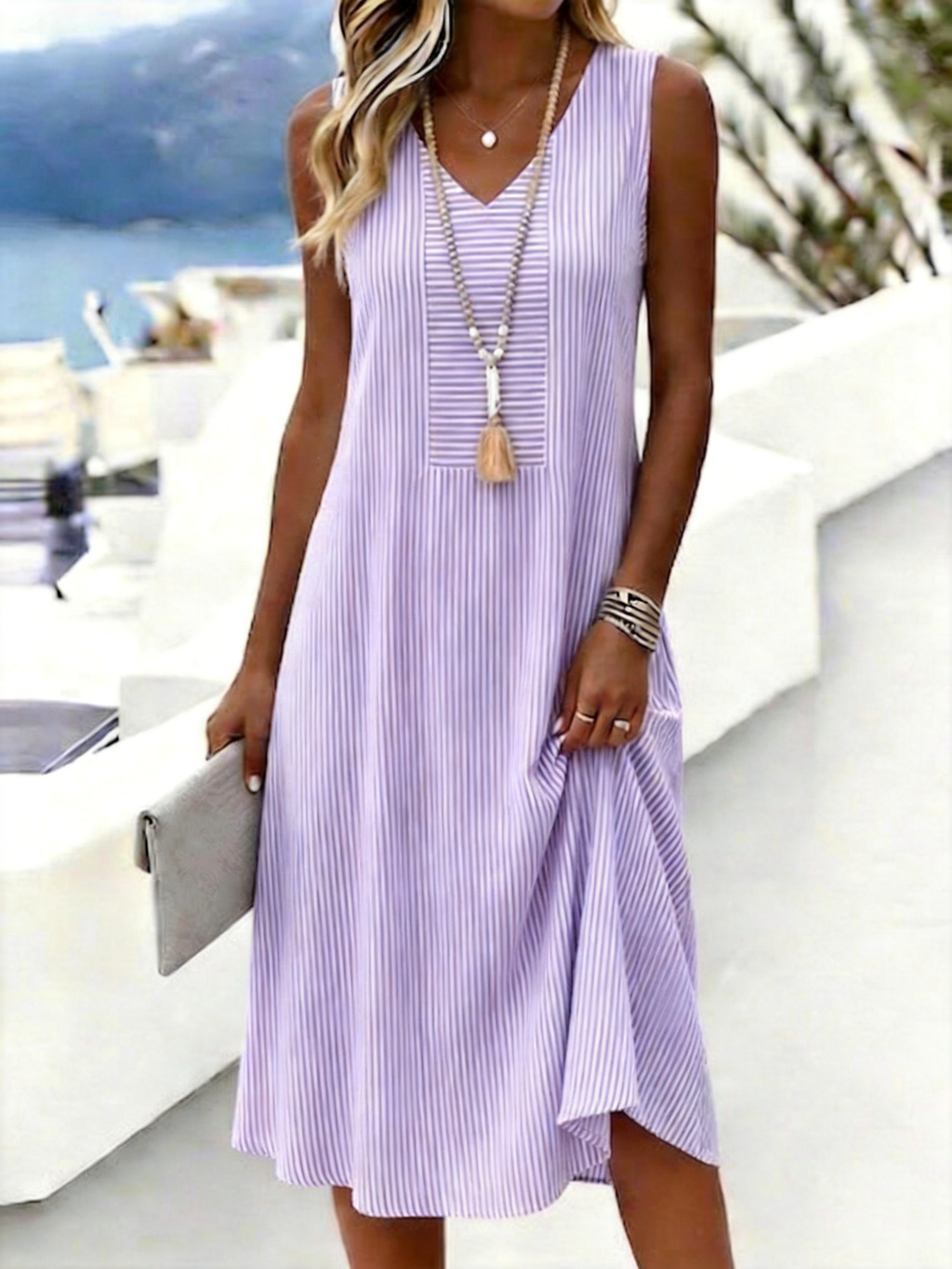 Blue White Striped Sleeveless V-Neck Swing Dress Casual Summer Loose Dress