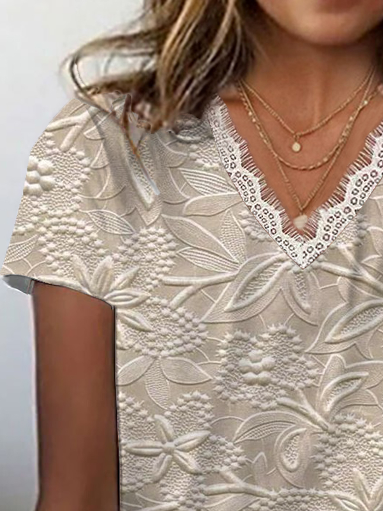 Women's Short Sleeve T-shirt Summer Apricot Floral Printing V Neck Daily Going Out Casual Top