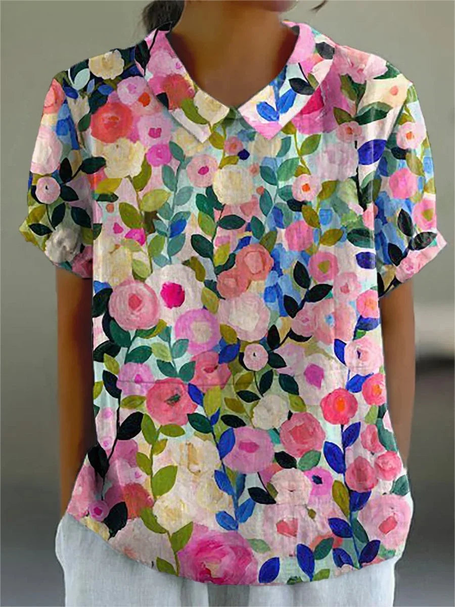Women's Floral Spring Print Lapel Short Sleeve Shirt