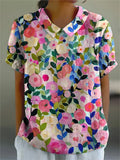 Women's Floral Spring Print Lapel Short Sleeve Shirt