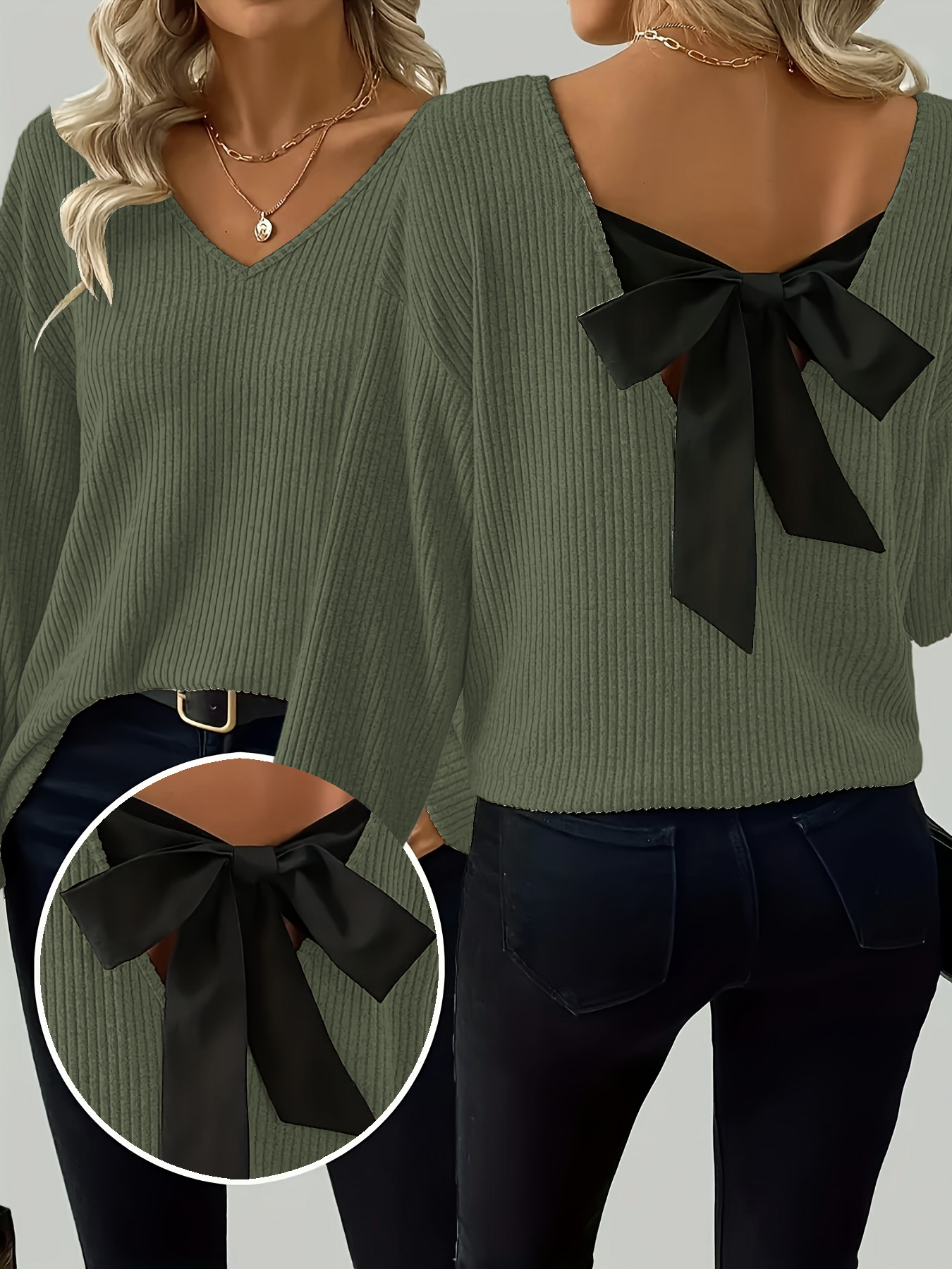 Elegant Plain Bow V Neck Blouse
