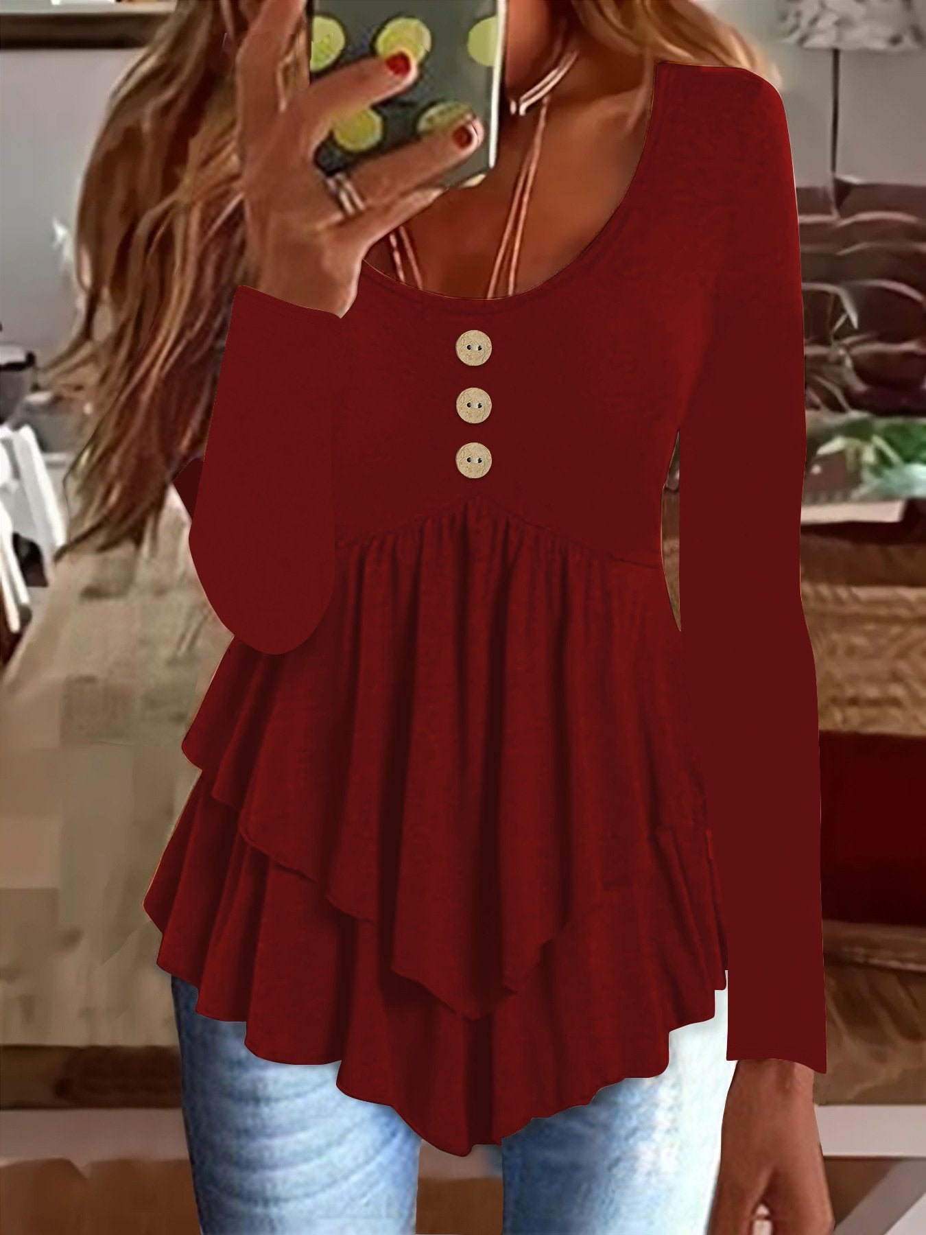 Elegant Commuting Slim Fit Three-Button Casual Solid Color Long-Sleeved Dress Top