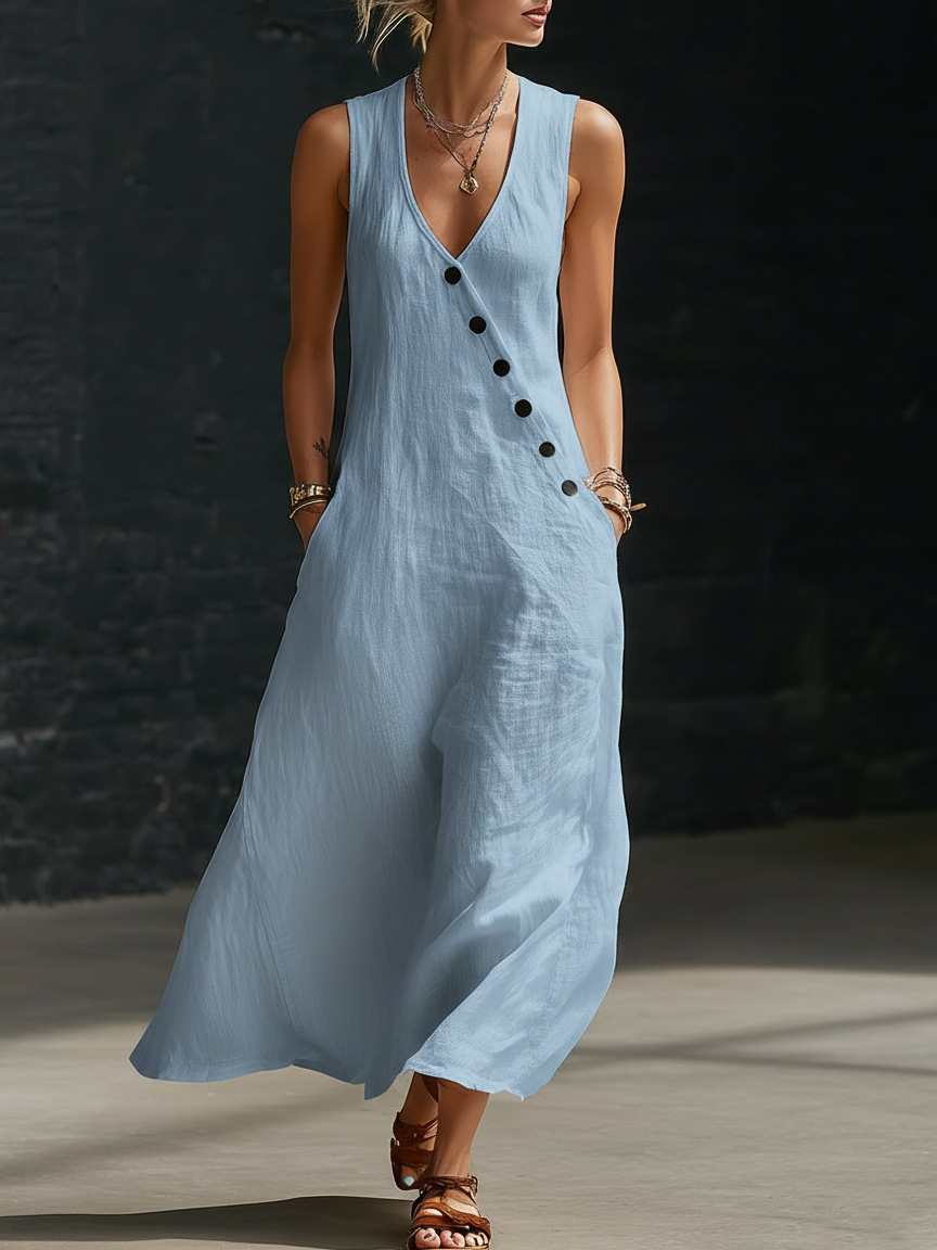 Women Cotton Linen Sleeveless V-Neck Button Vacation Going Out Maxi Dress