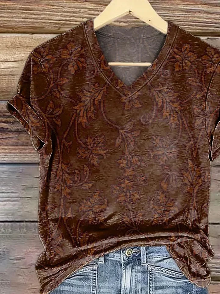 Women's Short Sleeve T-shirt Summer Brown Floral Printing V Neck Daily Going Out Casual Top