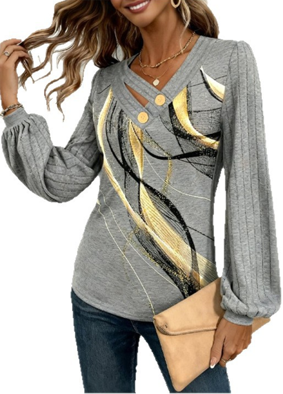 Abstract Graphic/Stripe Print Regular Fit Long Sleeve V Neck Jersey Casual Knit T-Shirt