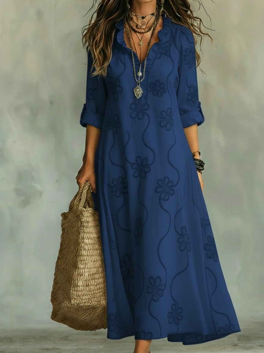 V Neck Ruffle Vacation Embroidery Patterns Elegant Maxi Dress