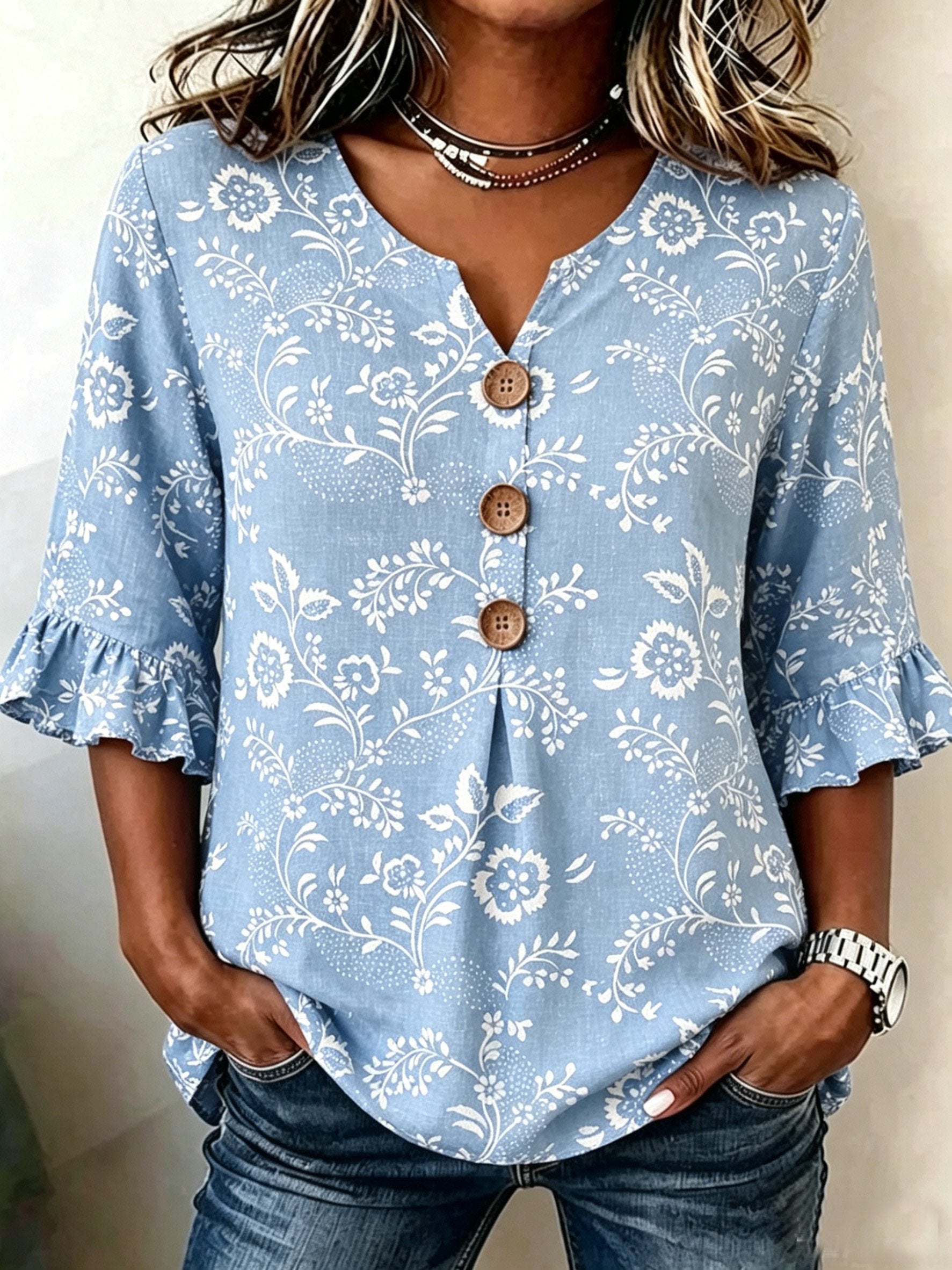 Women's Denim Blue Floral Half Sleeve Blouse Summer White Plain Peplum V Neck Button Daily Going Out Vintage Top