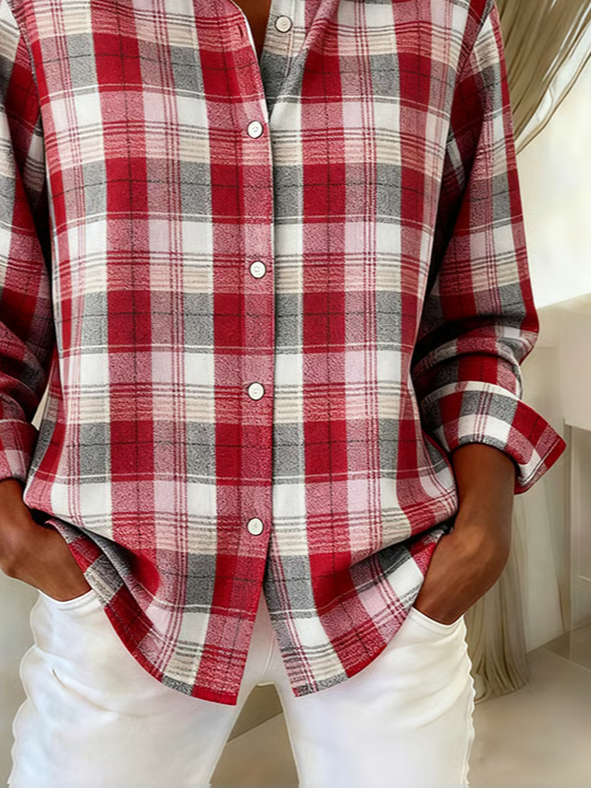 Women's Long Sleeve Shirt Spring/Fall Red Plaid Buckle Shirt Collar Regular Sleeve Daily Going Out Casual Top