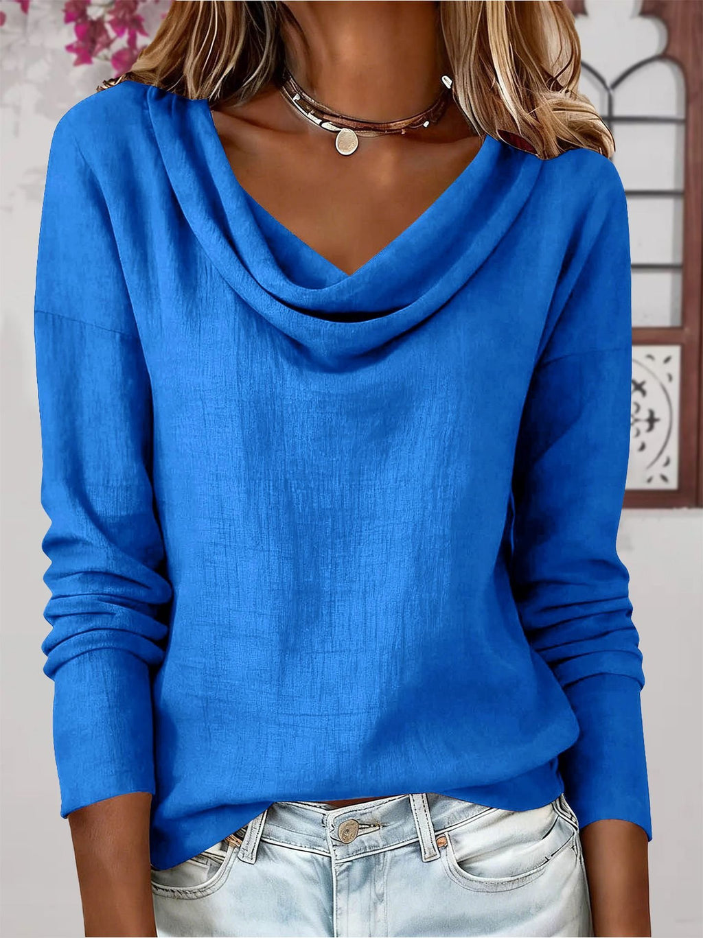 Plain Cowl Neck Vintage Linen Blend T-Shirt