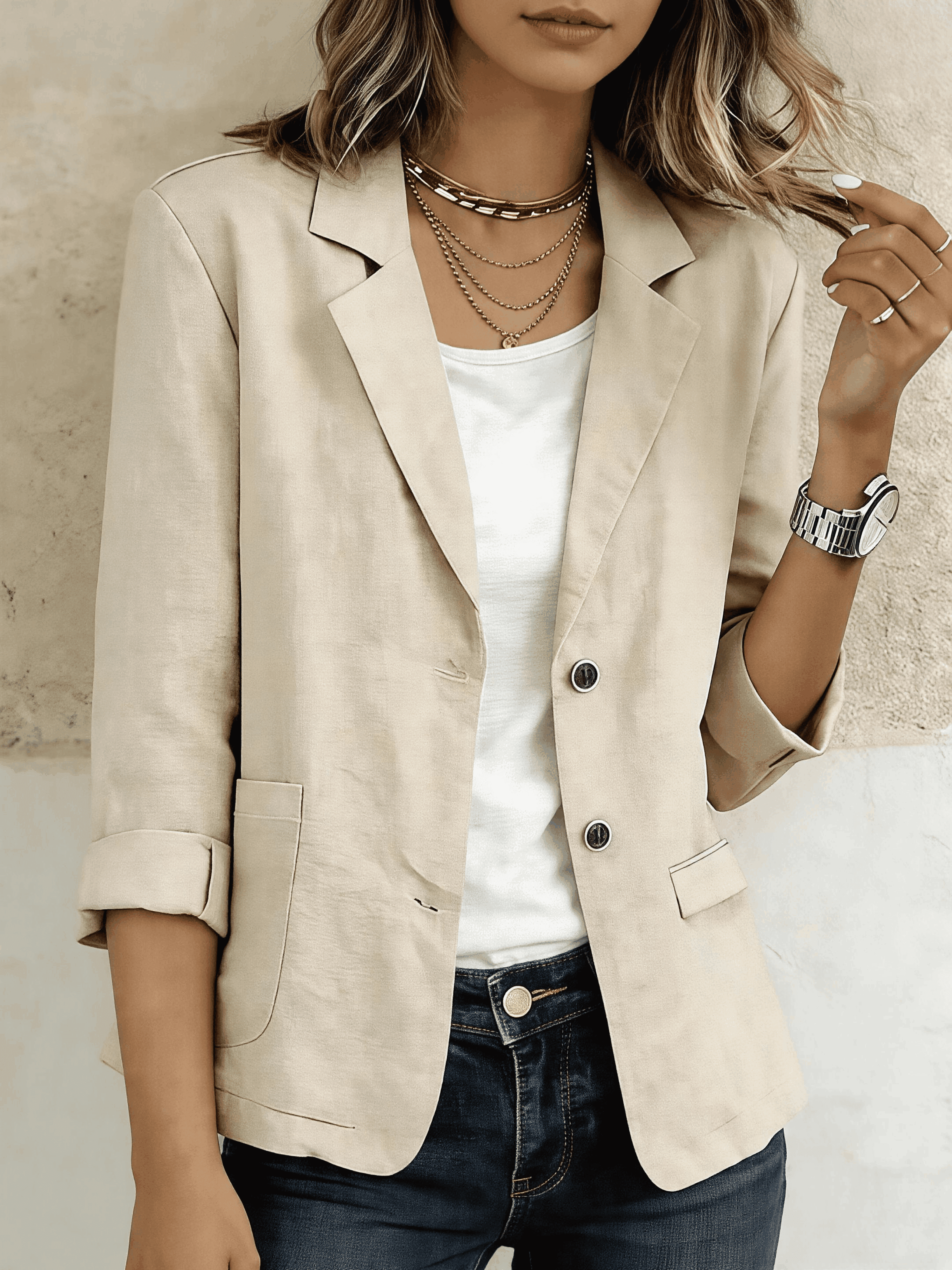 Cotton Linen Long Sleeve Lable Collar Button Pocket Casual Blazer