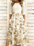 Women's Floral Print 3/4 Sleeve Round Neck A-Line Maxi Dress with Pockets