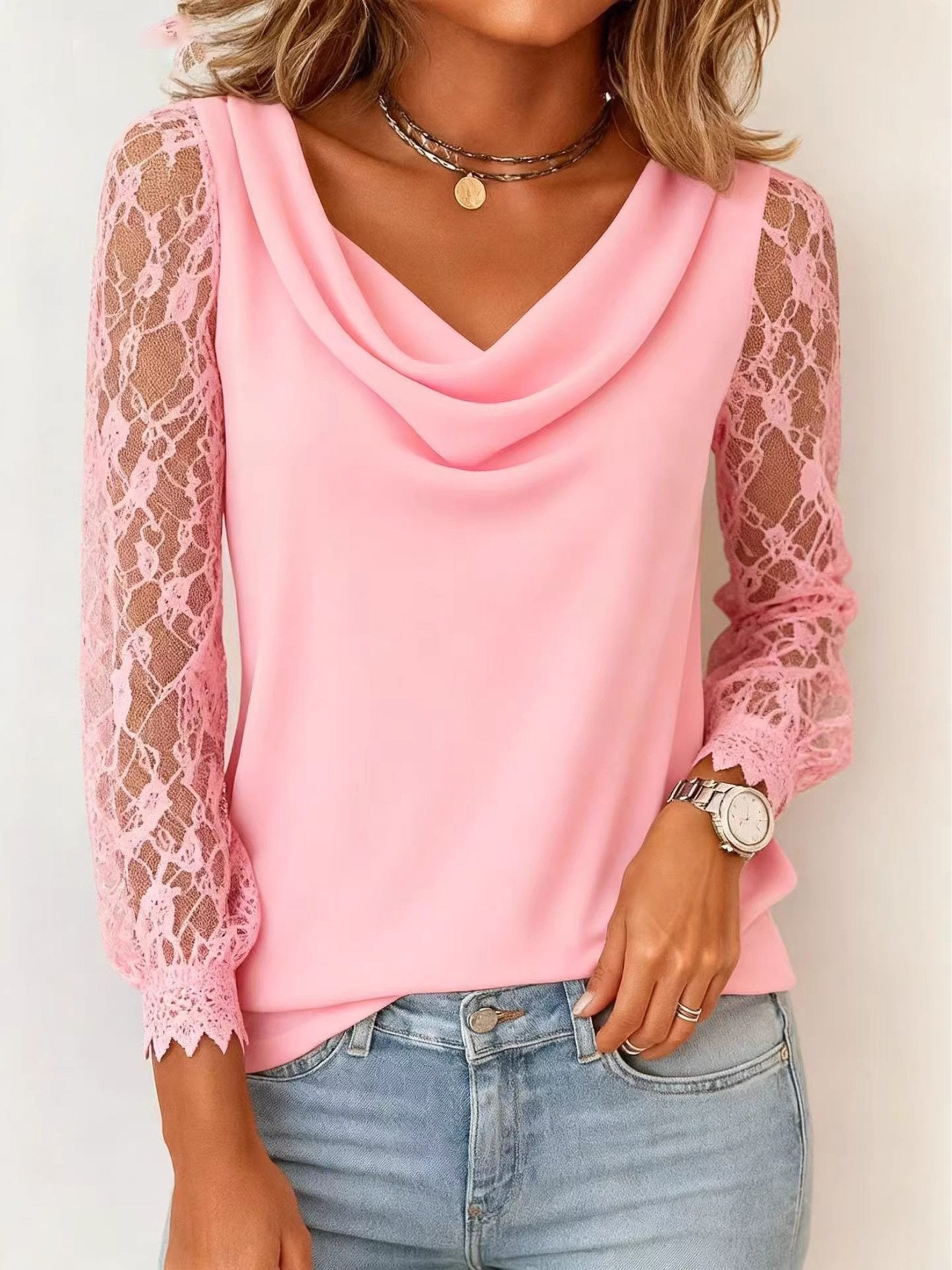 Plain Long Sleeve Cowl Neck Party Lace Block T-Shirt Elegant Blouse