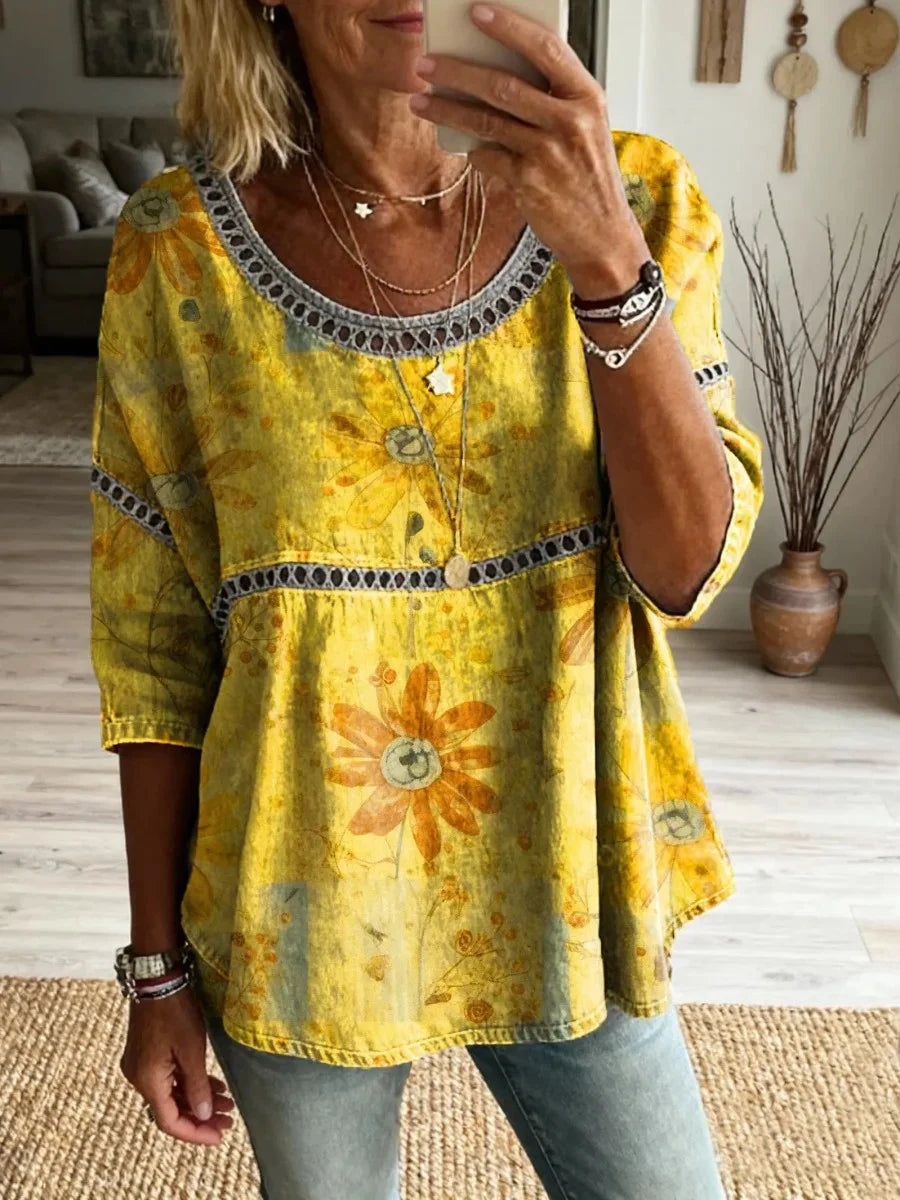 Crew Neck Elegant Linen Blend Shirt