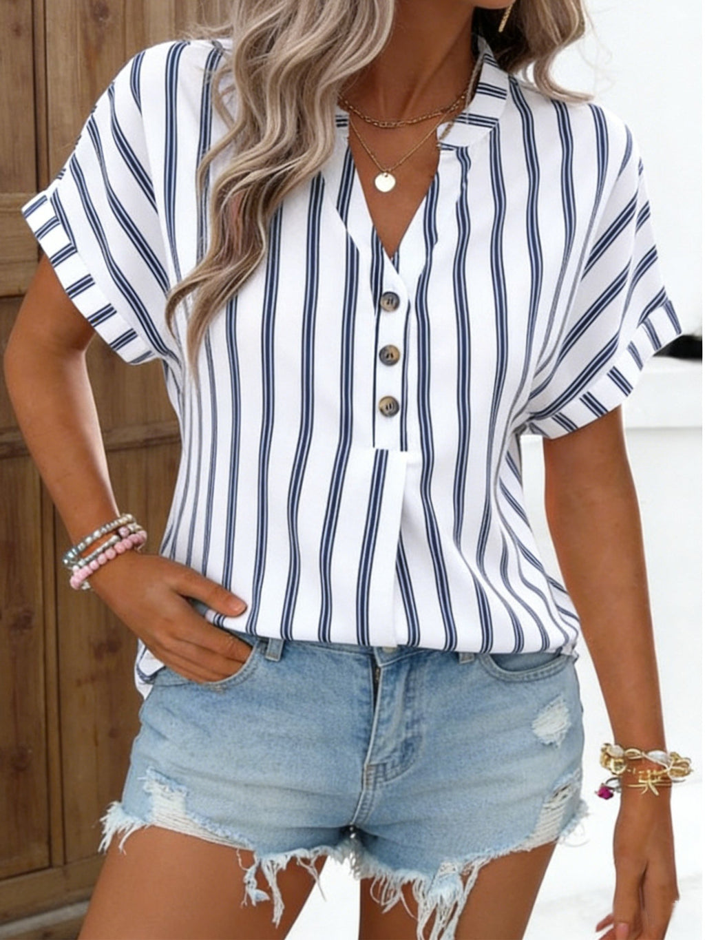 Striped V Neck Short Sleeve Button Casual Going Out Shirt