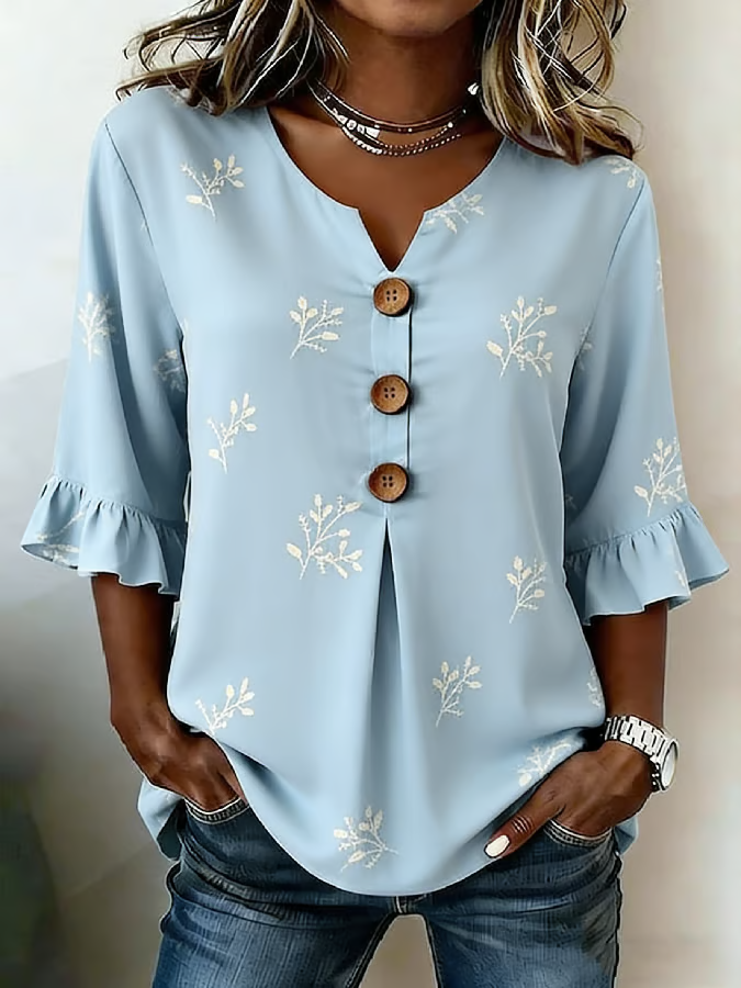 Women's Half Sleeve Blouse Summer Blue Floral Printing V Neck Daily Going Out Vintage Top