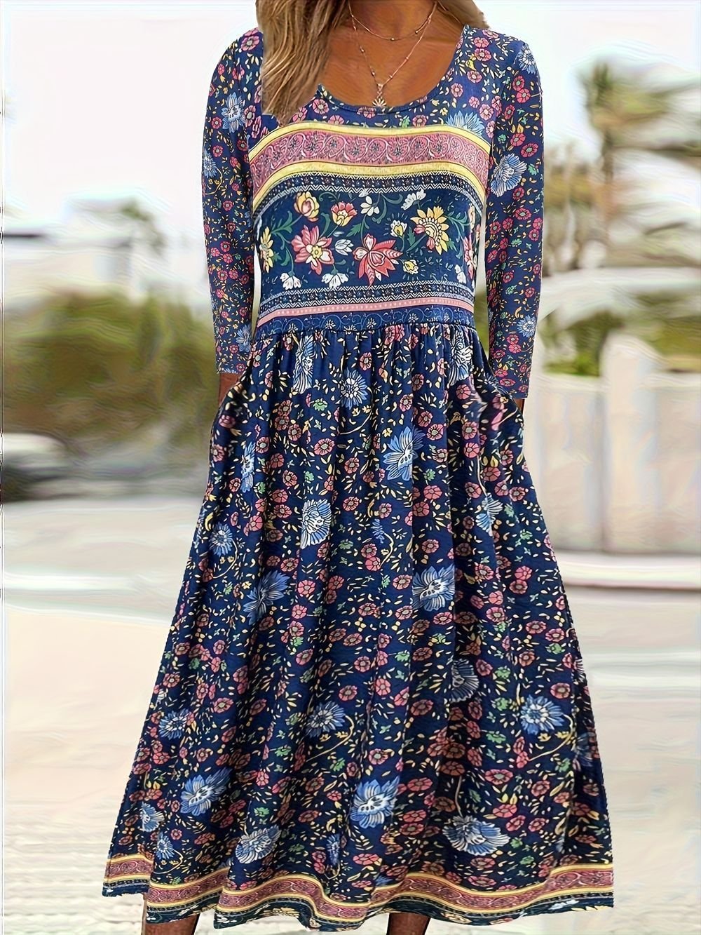 Floral Vintage Loose Crew Neck Dress With No