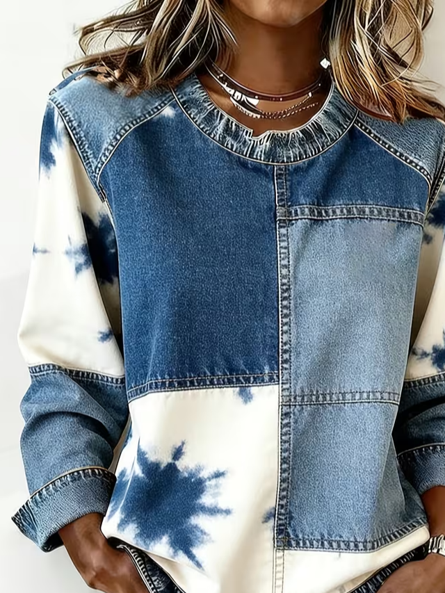 Women's Abstract Stripes Print Patchwork Denim Crewneck Long-Sleeved Sweatshirt