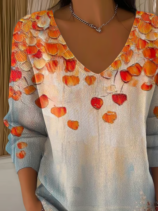 Women's Long Sleeve T-shirt Spring/Fall Orange Maple Leaf Printing V Neck Daily Going Out Casual Top