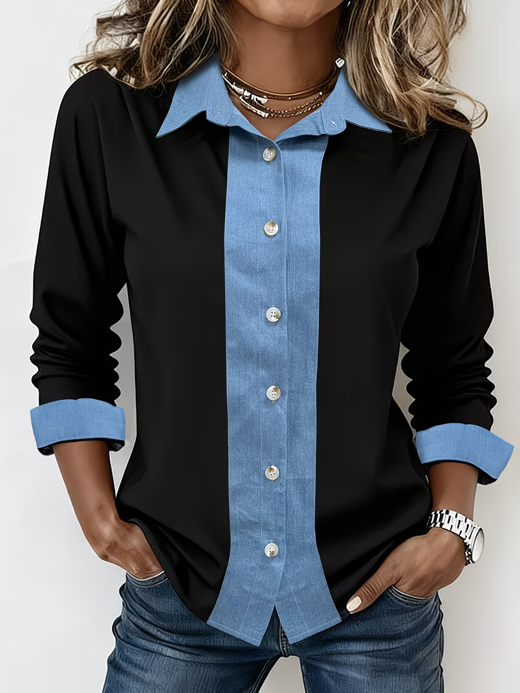 Vintage Shirt Collar Loose Multicolor Block Shirt