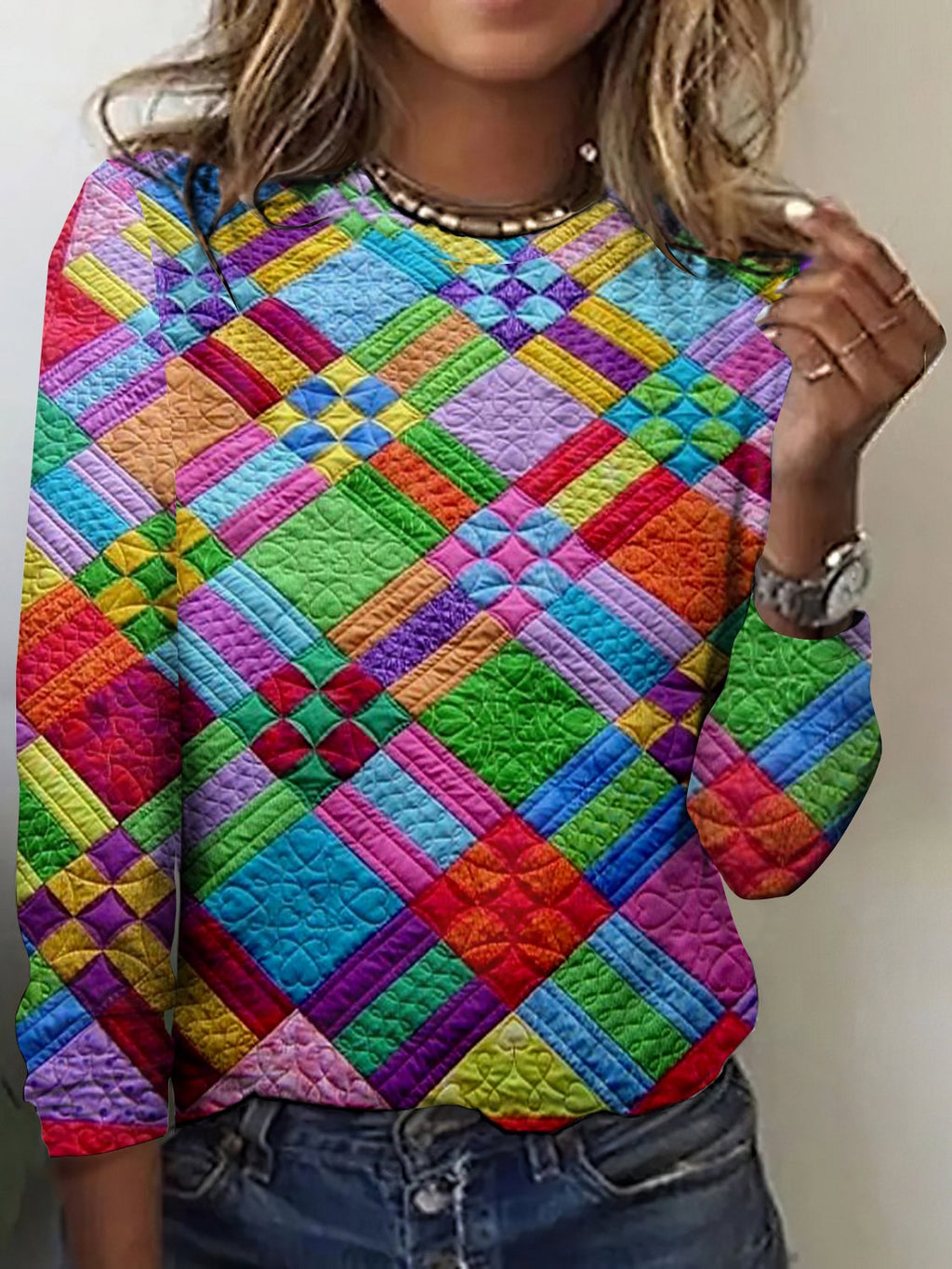 Colorful geometric grid casual long sleeved T-shirt