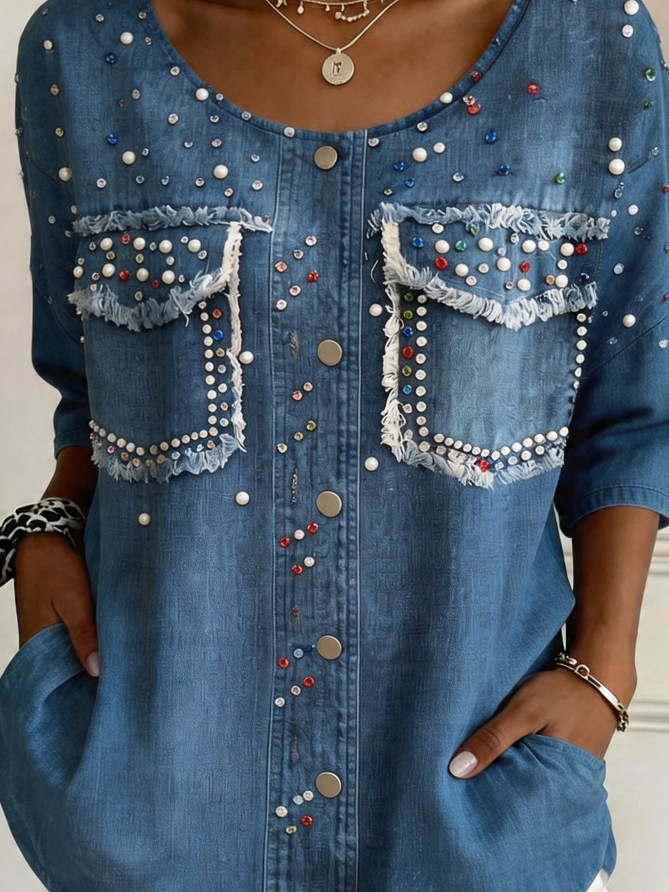 Faux Denim Print Graphic Loose Vintage Crew Neck Shirt