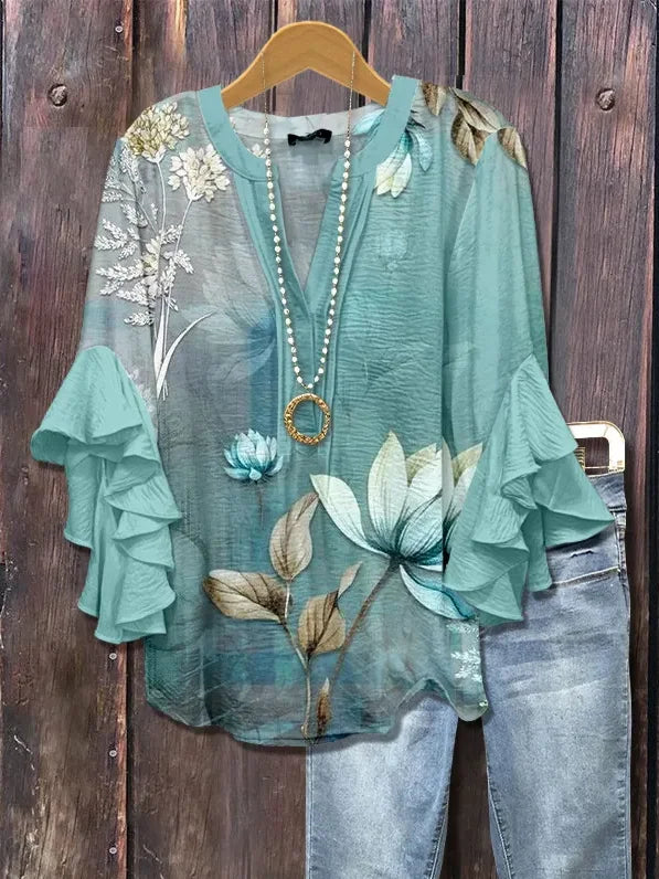Women's Half Sleeve Shirt Summer Cyan Floral Printing V Neck Daily Going Out Casual Top