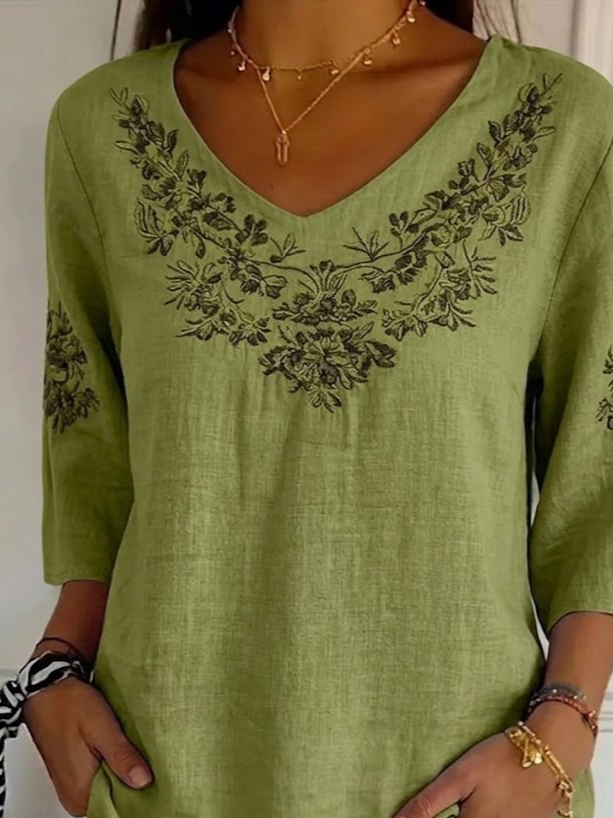 Women's Three Quarter Sleeve T-shirt Spring/Fall Green Floral Printing V Neck Daily Going Out Casual Top