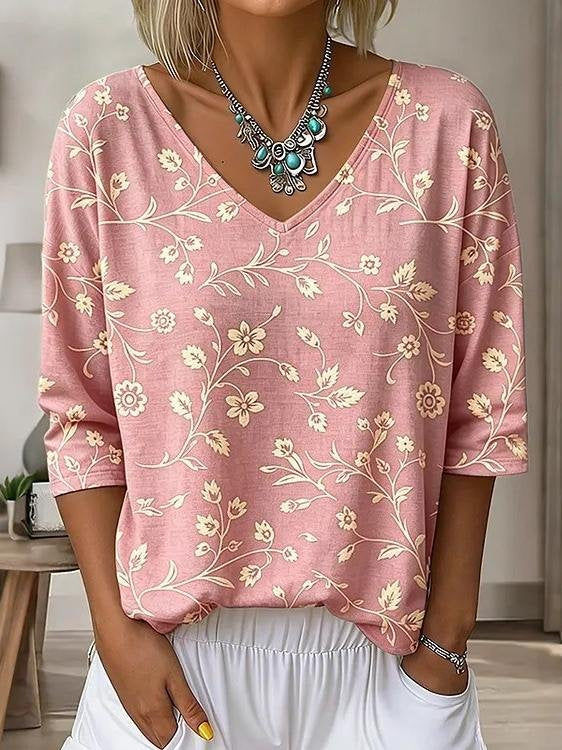 Floral V Neck Vintage T-Shirt