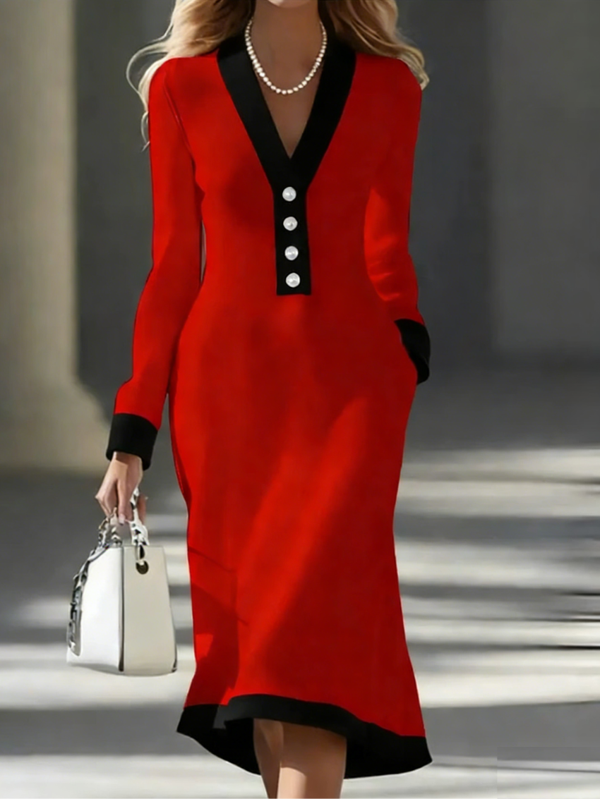 Women's Black Long Sleeve White Trim V Neck Midi Dress Elegant Bodycon Dress