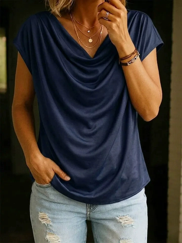 Jersey Casual Plain V Neck Sleeveless Summer Elegant Cowl Neck Top