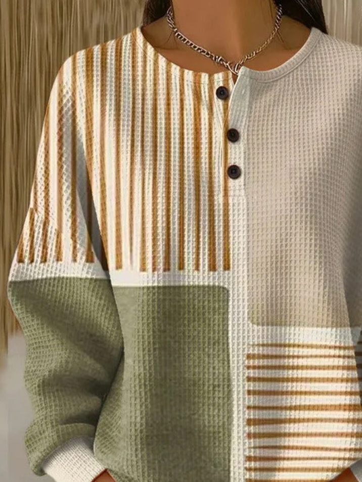 Women's Abstract Print Button-Up Casual Waffle Knit Sweatshirt