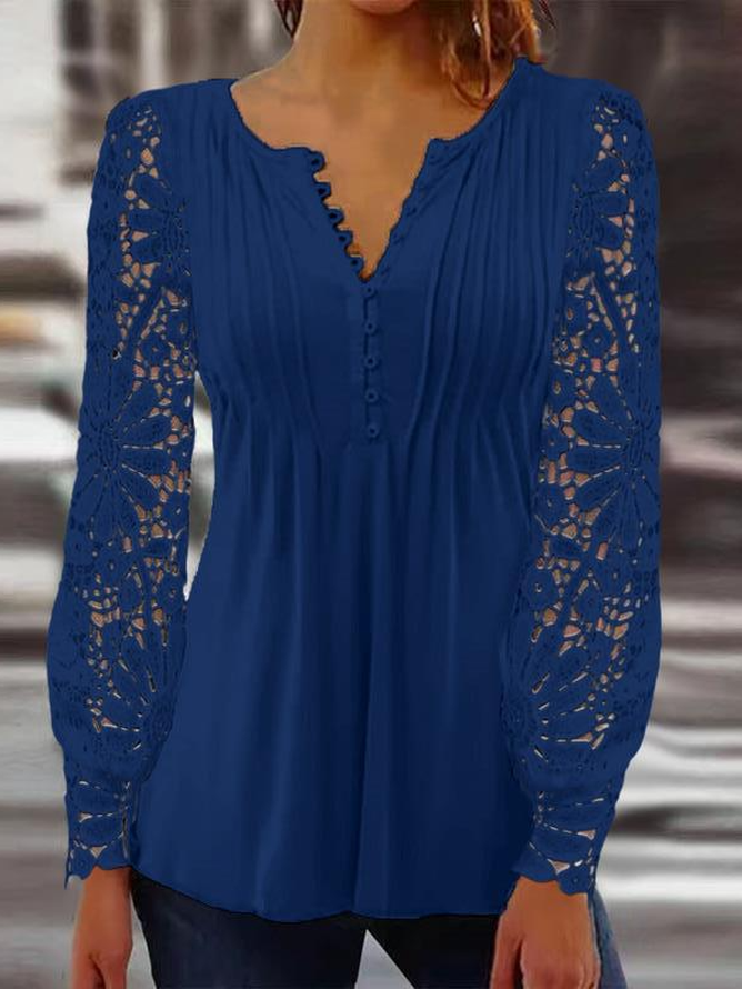 Lace Casual Loose V Neck Jersey Blouse