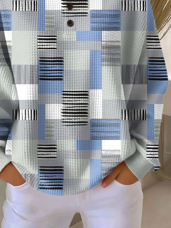 Women's Abstract Print Button-Up Casual Waffle Knit Sweatshirt