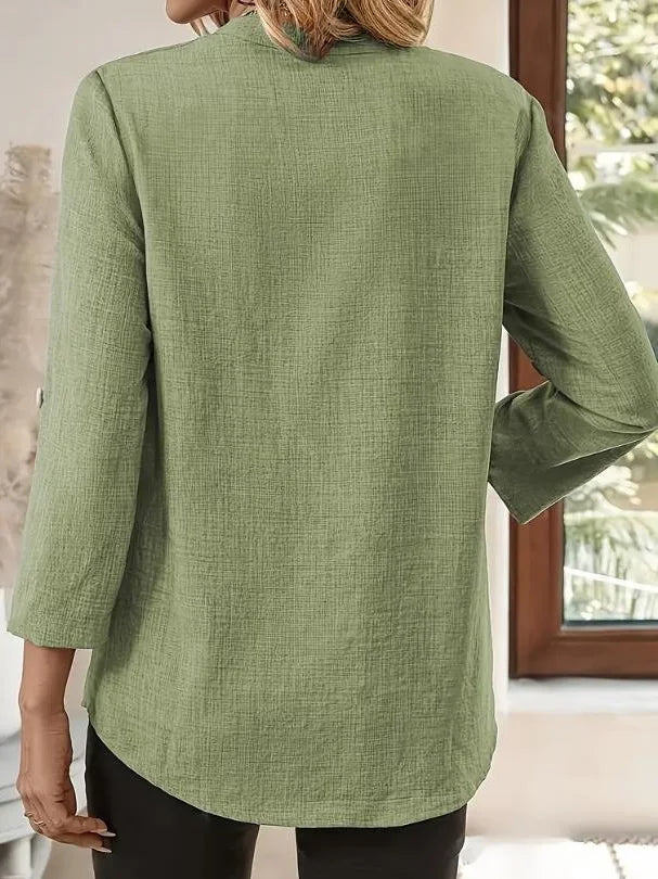 Women's Three Quarter Sleeve Shirt Spring/Fall Green Plain Split Joint Cotton And Linen V Neck Daily Going Out Casual Top
