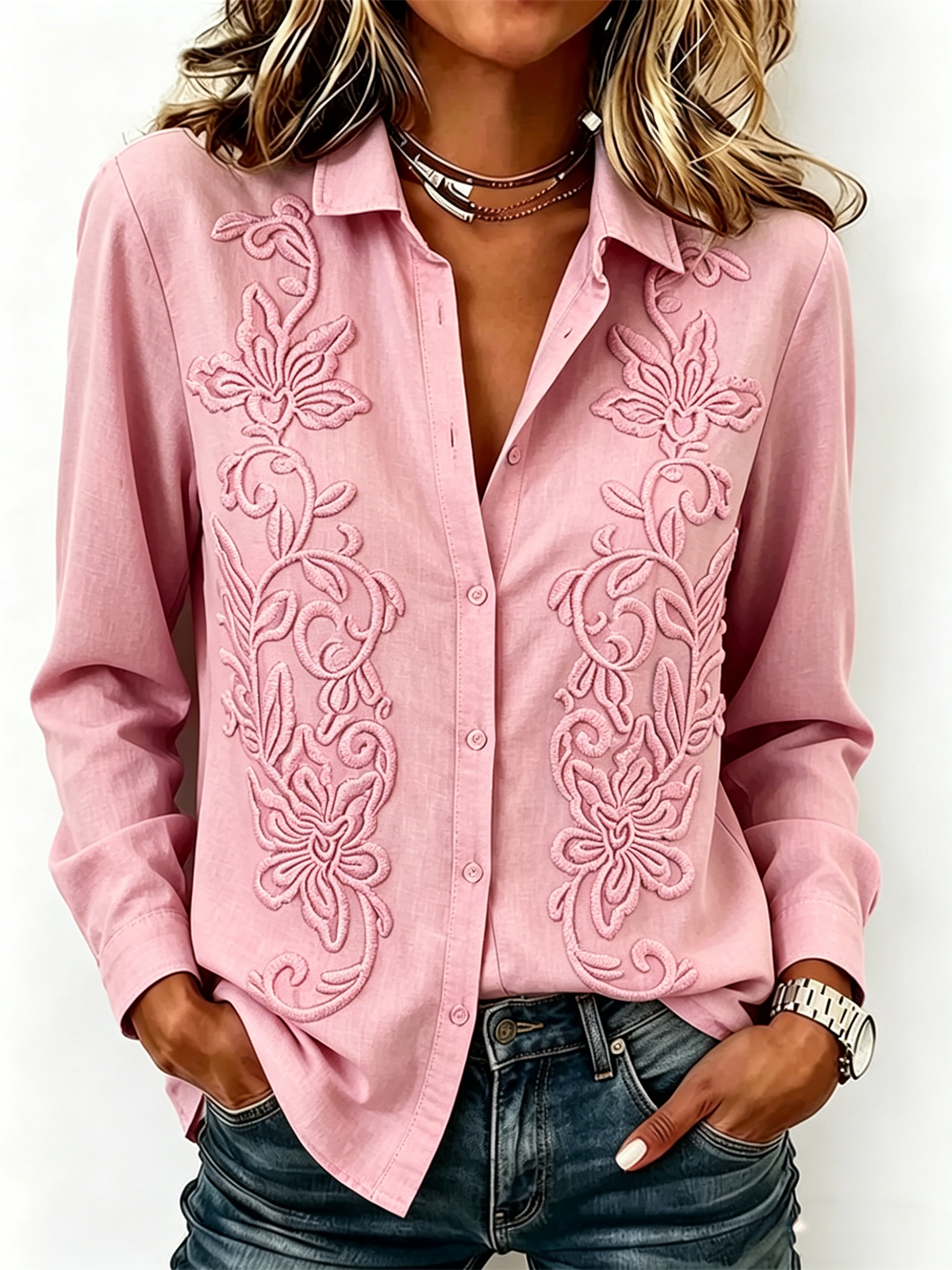 Light Blue 3D Floral Print Long Sleeve Button Front Blouse
